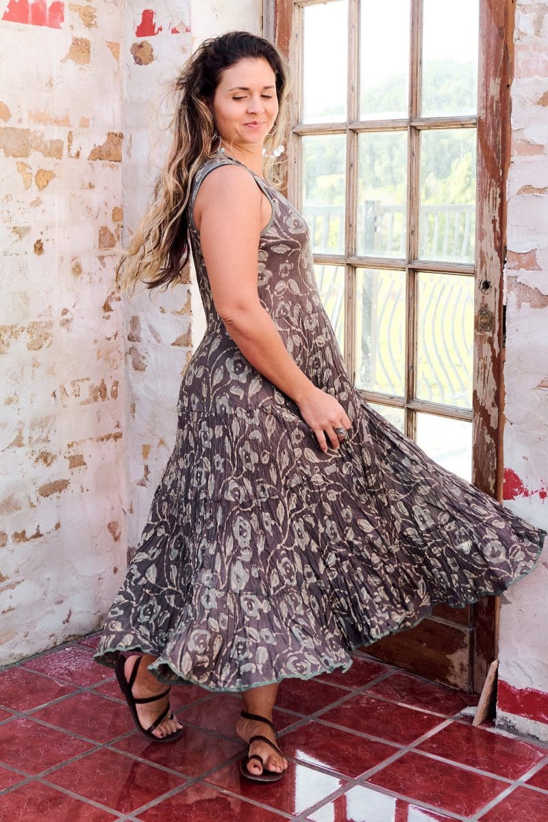 Womens, midi, Flamenco Dress, sleeveless, 100% Cotton, hand block print. Natural earth tones - Kassis Suri