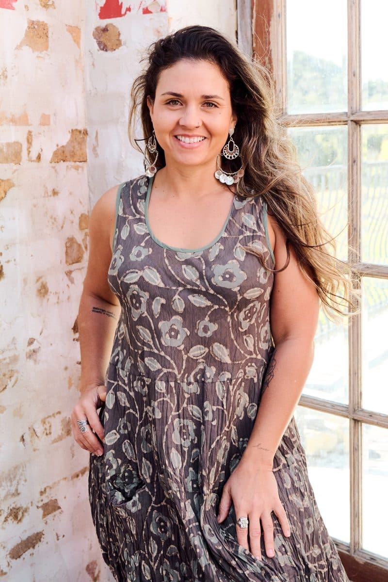 Womens, midi, Flamenco Dress, sleeveless, 100% Cotton, hand block print. Natural earth tones - Kassis Suri