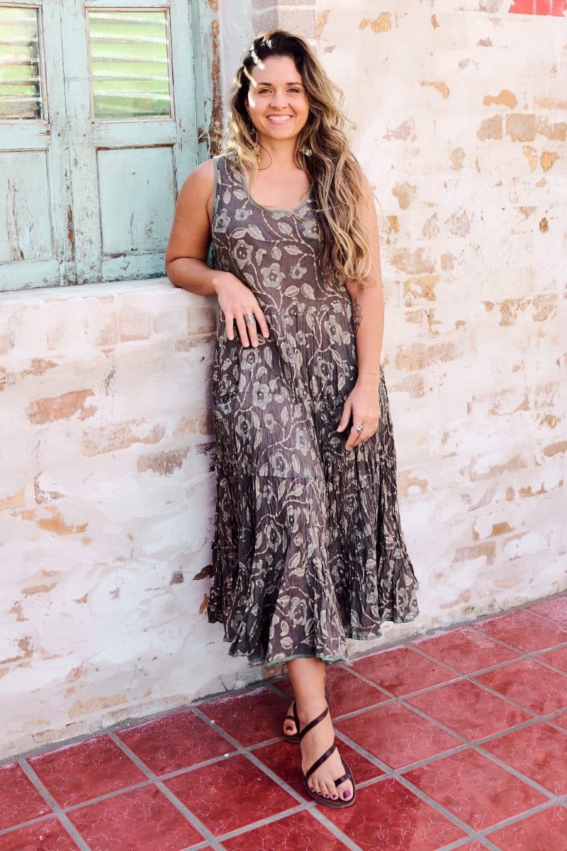 Womens, midi, Flamenco Dress, sleeveless, 100% Cotton, hand block print. Natural earth tones - Kassis Suri