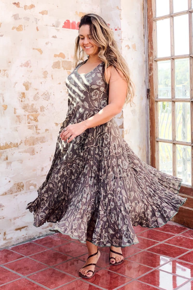 Womens, midi, Flamenco Dress, sleeveless, 100% Cotton, hand block print. Natural earth tones - Kassis Suri