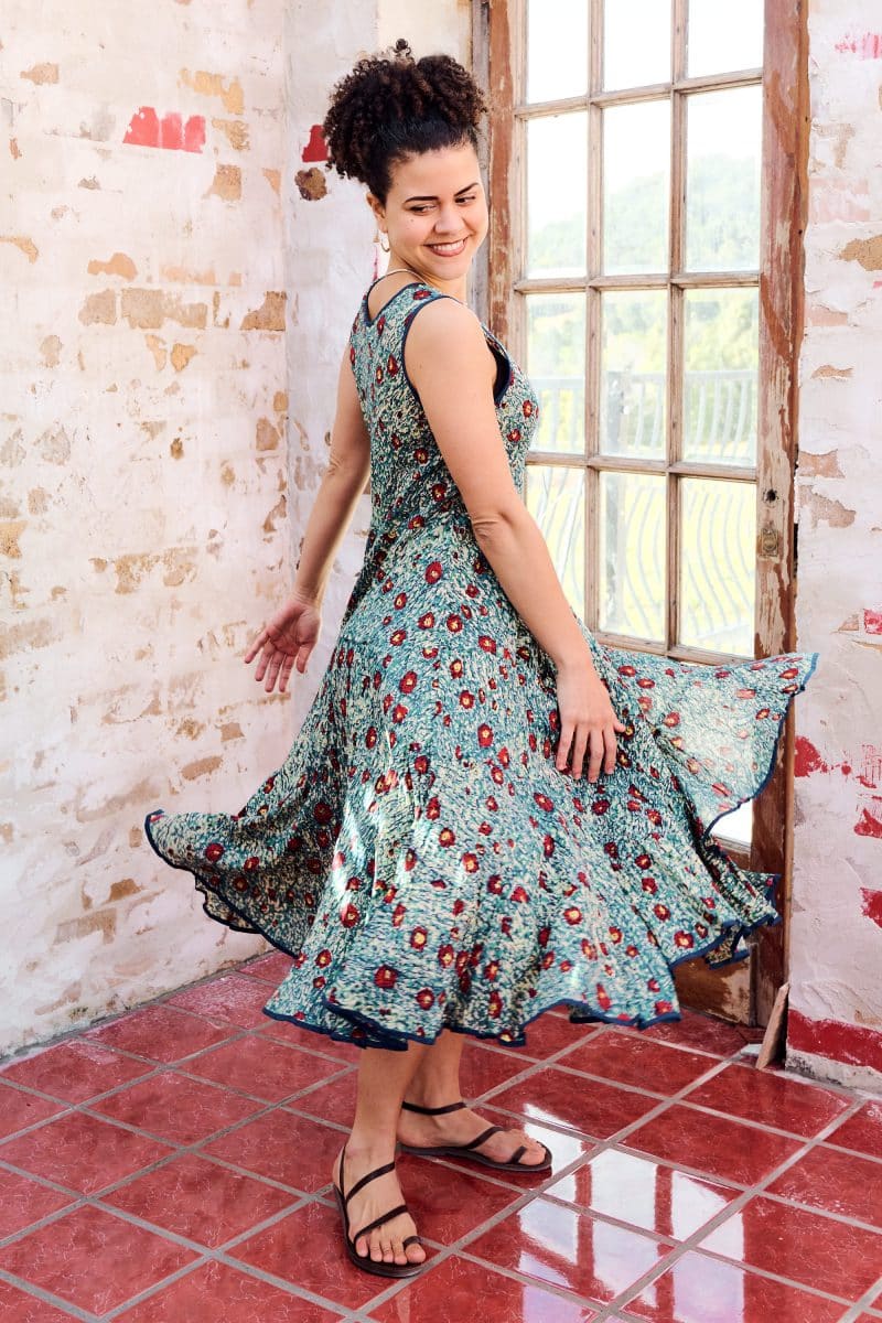 Womens, midi, Flamenco Dress, sleeveless, 100% Cotton, hand block print. Blue with pops of red - Allegra