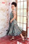 Womens, midi, Flamenco Dress, sleeveless, 100% Cotton, hand block print. Blue with pops of red - Allegra
