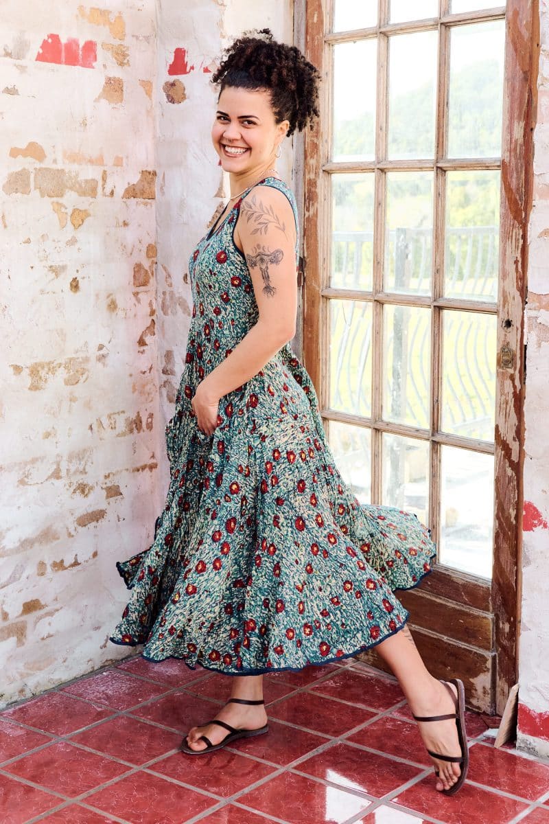 Womens, midi, Flamenco Dress, sleeveless, 100% Cotton, hand block print. Blue with pops of red - Allegra
