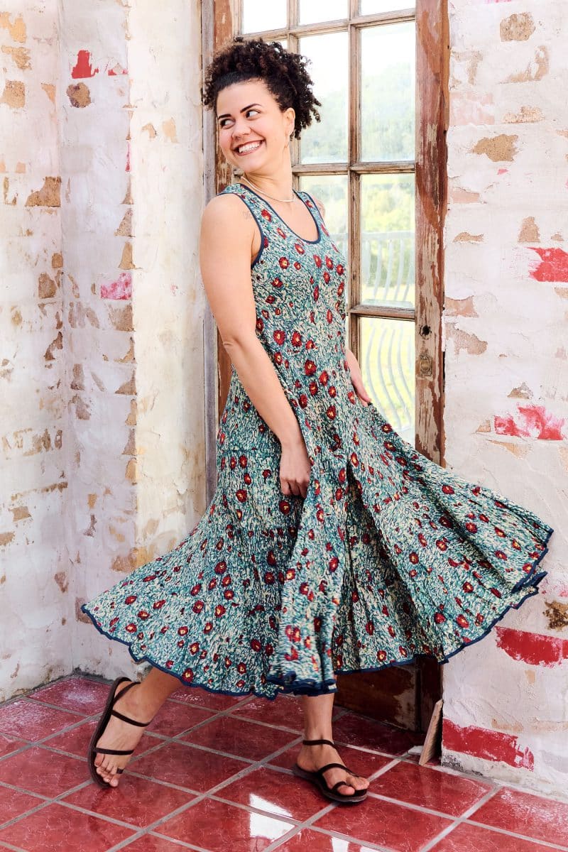 Womens, midi, Flamenco Dress, sleeveless, 100% Cotton, hand block print. Blue with pops of red - Allegra