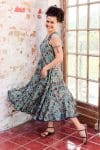 Womens, midi, Flamenco Dress, sleeveless, 100% Cotton, hand block print. Blue with pops of red - Allegra