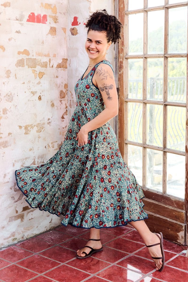 Womens, midi, Flamenco Dress, sleeveless, 100% Cotton, hand block print. Blue with pops of red - Allegra