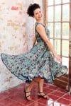 Womens, midi, Flamenco Dress, sleeveless, 100% Cotton, hand block print. Blue with pops of red - Allegra
