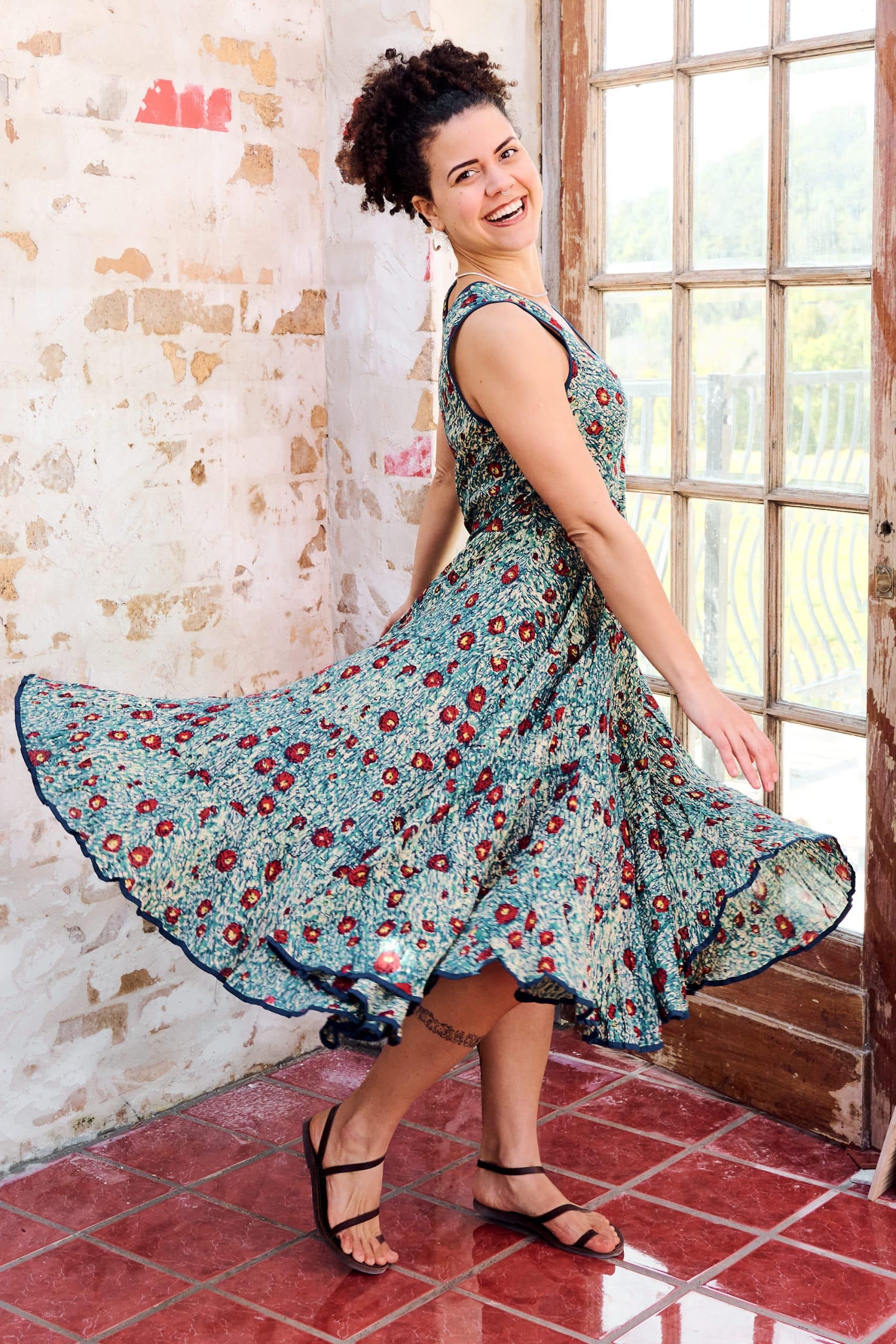 Womens, midi, Flamenco Dress, sleeveless, 100% Cotton, hand block print. Blue with pops of red - Allegra