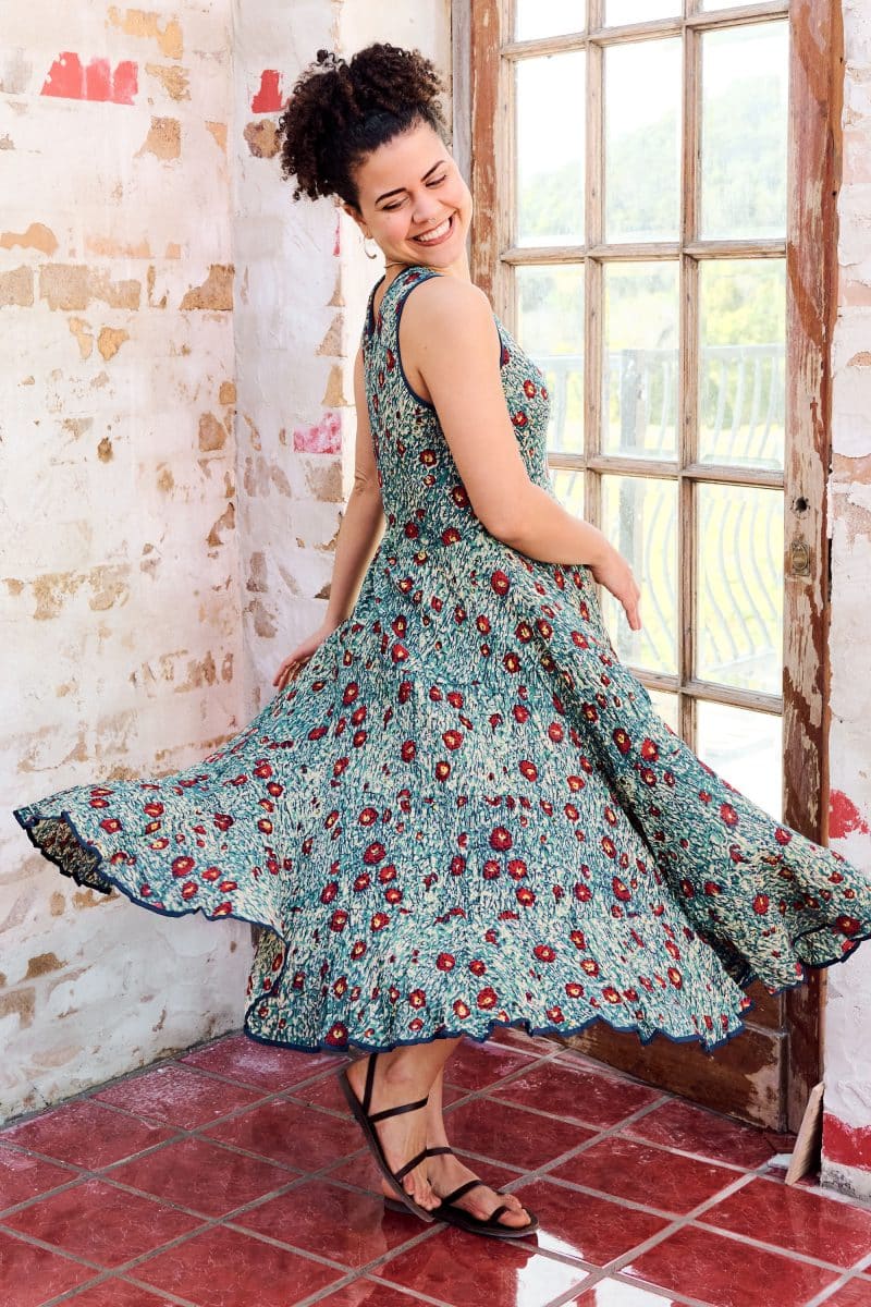 Womens, midi, Flamenco Dress, sleeveless, 100% Cotton, hand block print. Blue with pops of red - Allegra