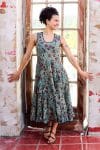 Womens, midi, Flamenco Dress, sleeveless, 100% Cotton, hand block print. Blue with pops of red - Allegra