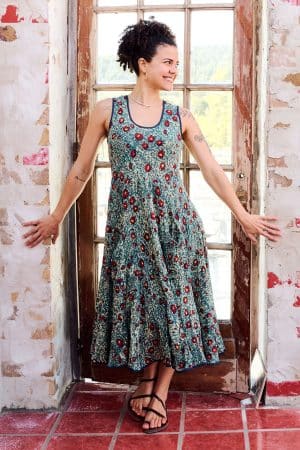 Womens, midi, Flamenco Dress, sleeveless, 100% Cotton, hand block print. Blue with pops of red - Allegra