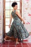 Womens, midi, Flamenco Dress, sleeveless, 100% Cotton, hand block print. Blue with pops of red - Allegra