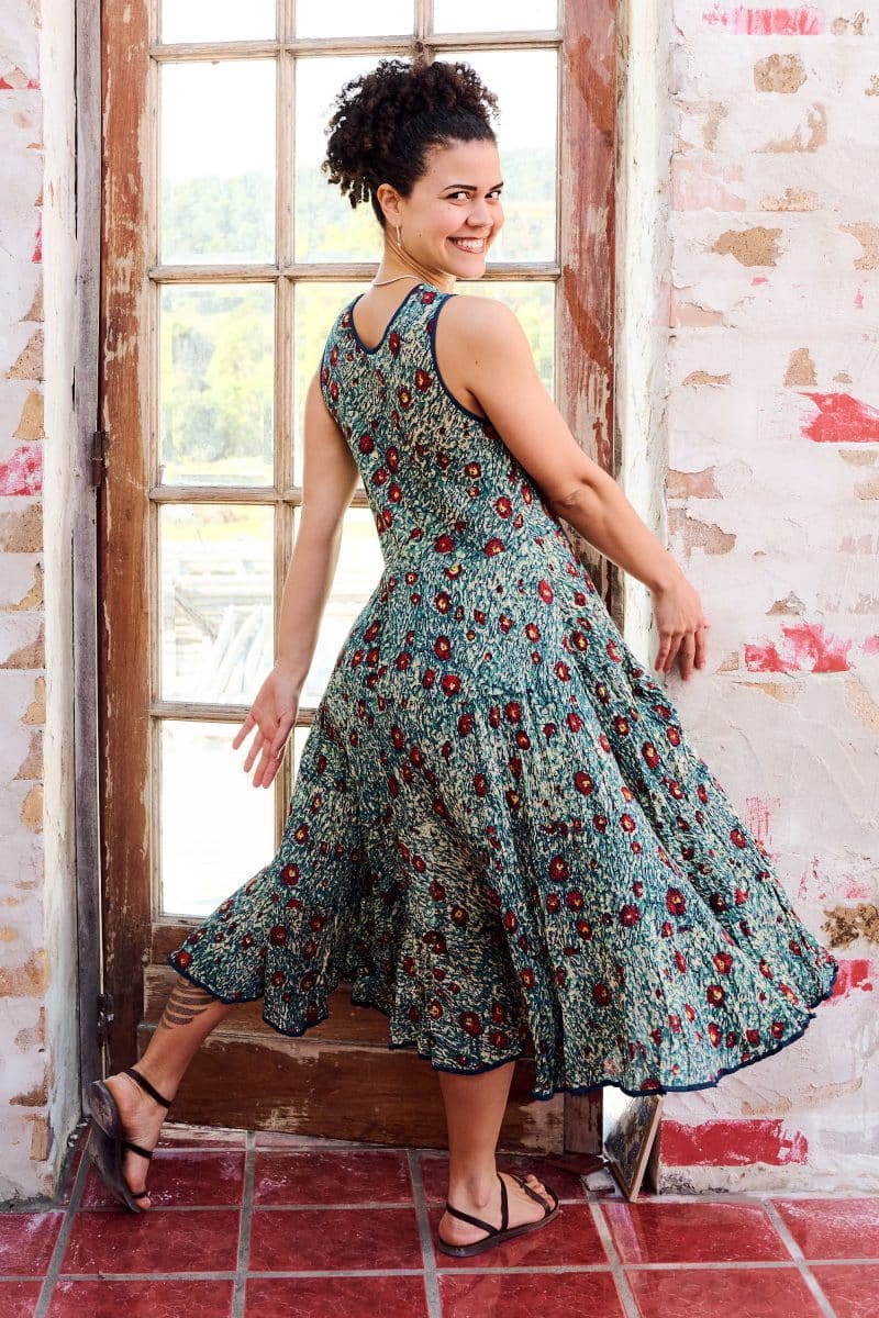 Womens, midi, Flamenco Dress, sleeveless, 100% Cotton, hand block print. Blue with pops of red - Allegra