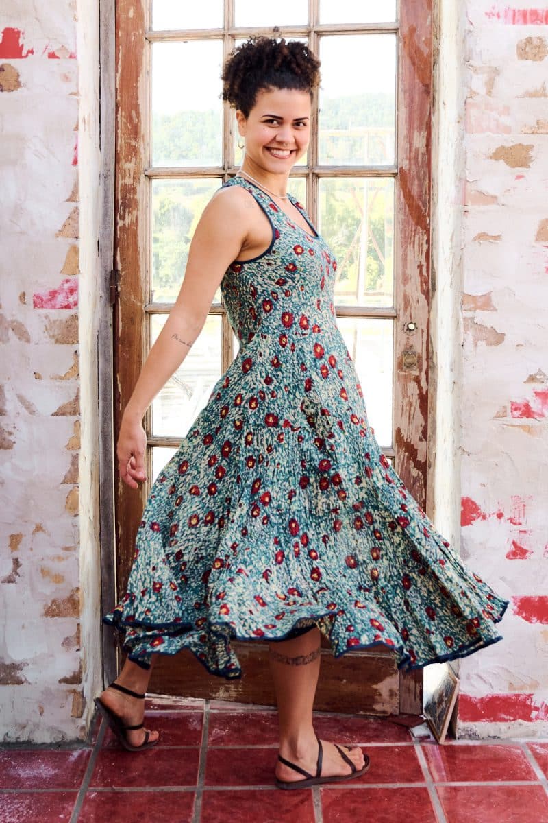 Womens, midi, Flamenco Dress, sleeveless, 100% Cotton, hand block print. Blue with pops of red - Allegra