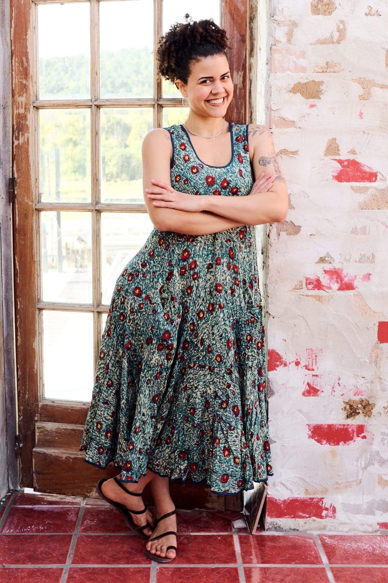 Womens, midi, Flamenco Dress, sleeveless, 100% Cotton, hand block print. Blue with pops of red - Allegra