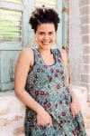 Womens, midi, Flamenco Dress, sleeveless, 100% Cotton, hand block print. Blue with pops of red - Allegra
