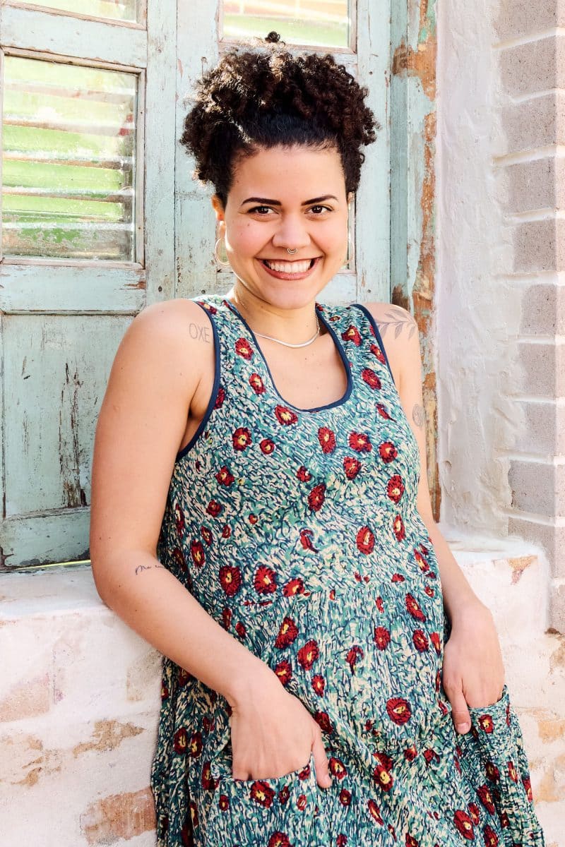 Womens, midi, Flamenco Dress, sleeveless, 100% Cotton, hand block print. Blue with pops of red - Allegra