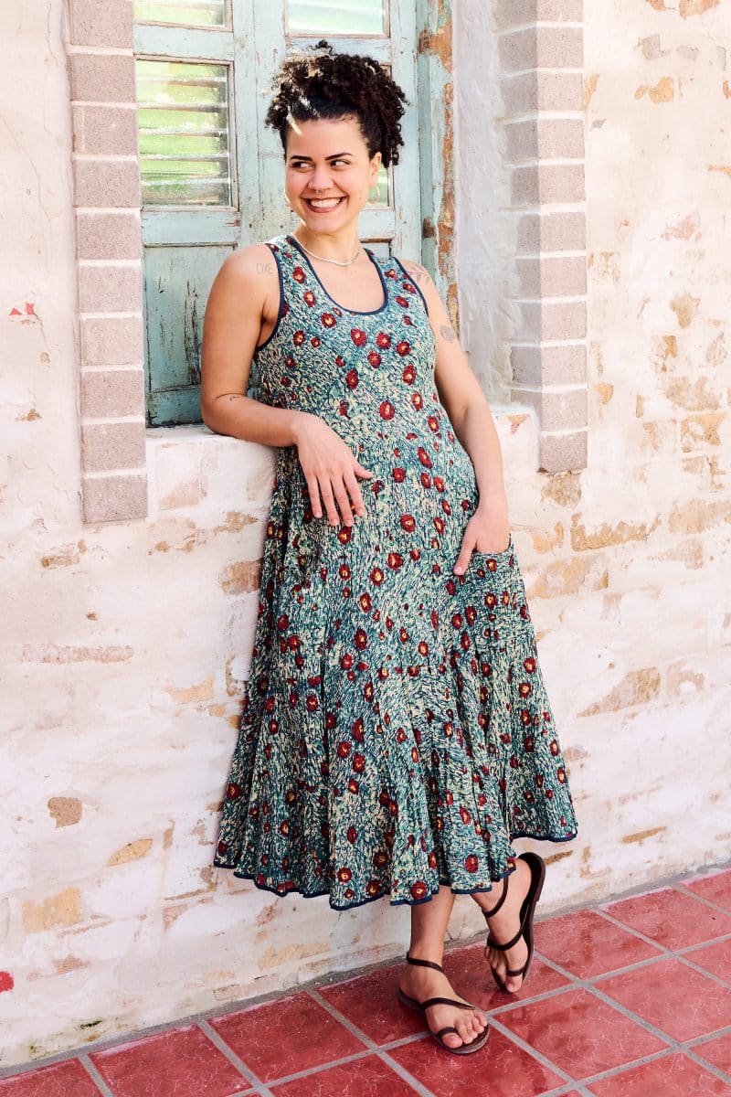 Womens, midi, Flamenco Dress, sleeveless, 100% Cotton, hand block print. Blue with pops of red - Allegra