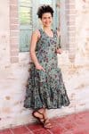 Womens, midi, Flamenco Dress, sleeveless, 100% Cotton, hand block print. Blue with pops of red - Allegra