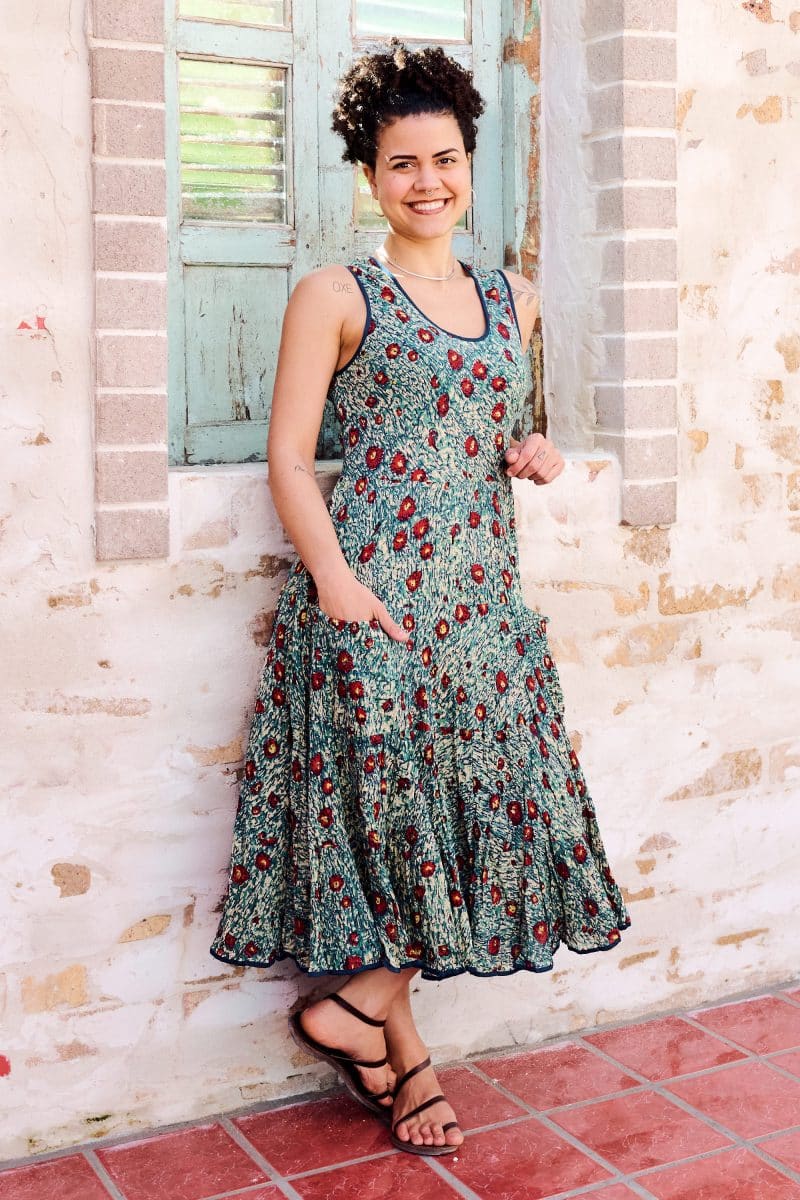 Womens, midi, Flamenco Dress, sleeveless, 100% Cotton, hand block print. Blue with pops of red - Allegra