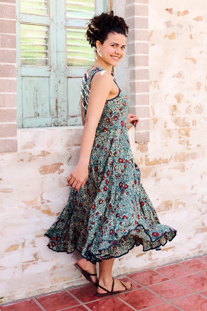 Womens, midi, Flamenco Dress, sleeveless, 100% Cotton, hand block print. Blue with pops of red - Allegra