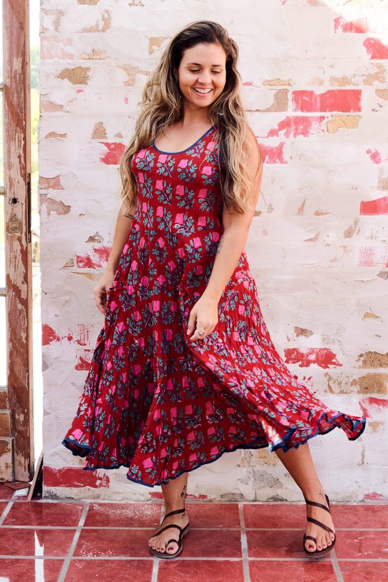 Womens, midi, Flamenco Dress, sleeveless, 100% Cotton, hand block print. Pink & Red - Ruby Veda