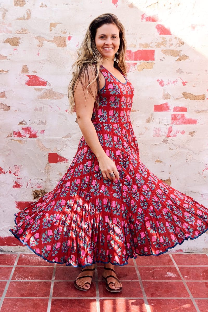 Womens, midi, Flamenco Dress, sleeveless, 100% Cotton, hand block print. Pink & Red - Ruby Veda