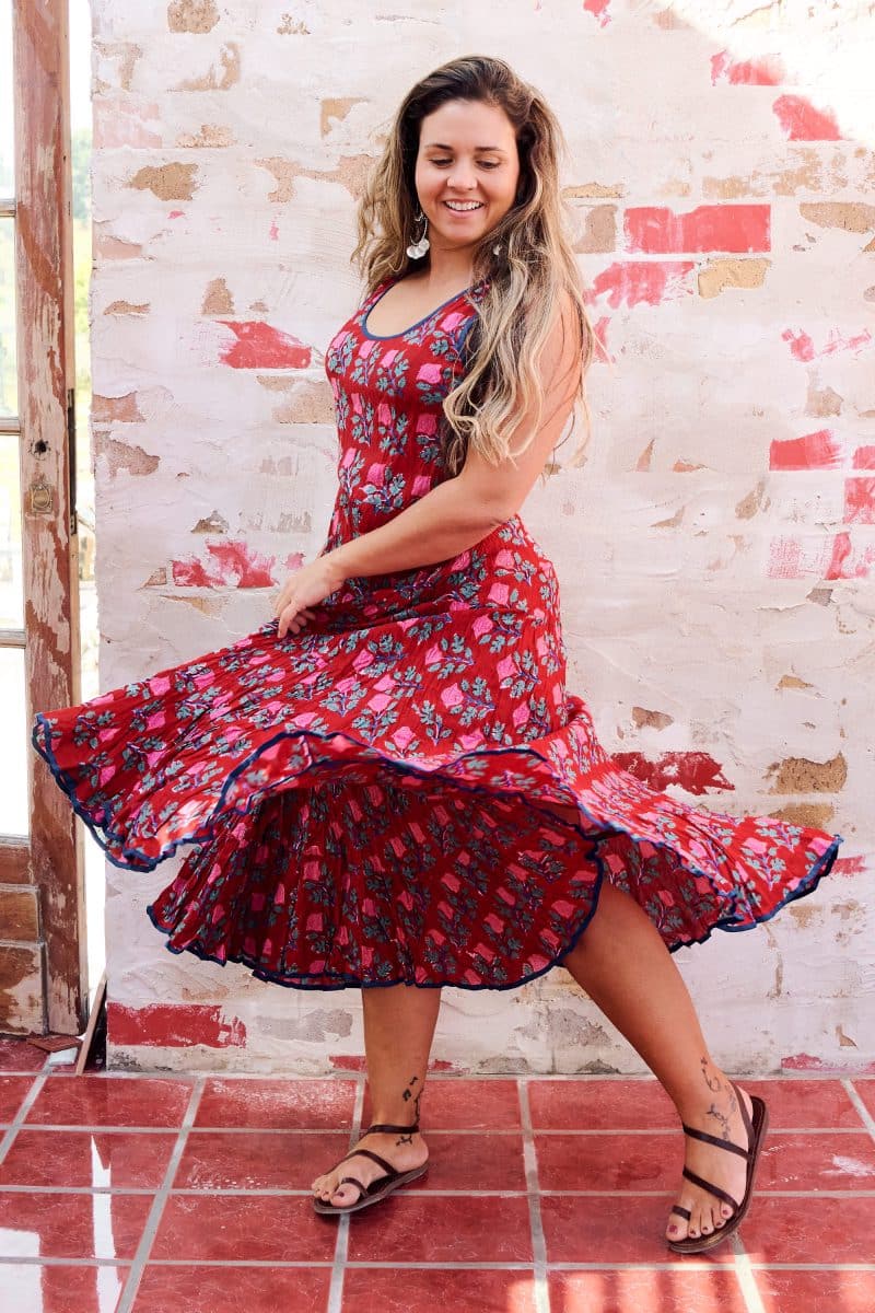 Womens, midi, Flamenco Dress, sleeveless, 100% Cotton, hand block print. Pink & Red - Ruby Veda