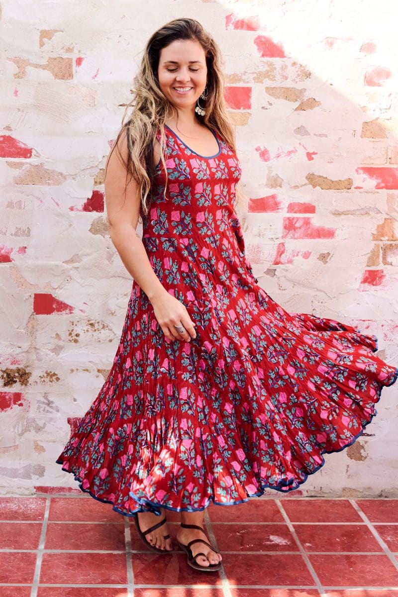 Womens, midi, Flamenco Dress, sleeveless, 100% Cotton, hand block print. Pink & Red - Ruby Veda