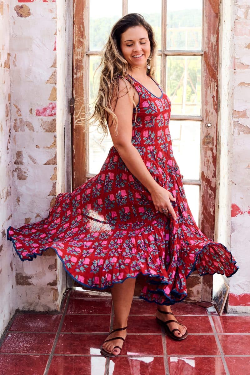 Womens, midi, Flamenco Dress, sleeveless, 100% Cotton, hand block print. Pink & Red - Ruby Veda