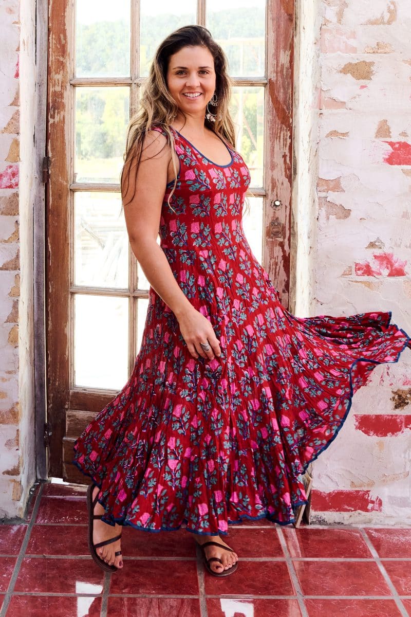 Womens, midi, Flamenco Dress, sleeveless, 100% Cotton, hand block print. Pink & Red - Ruby Veda