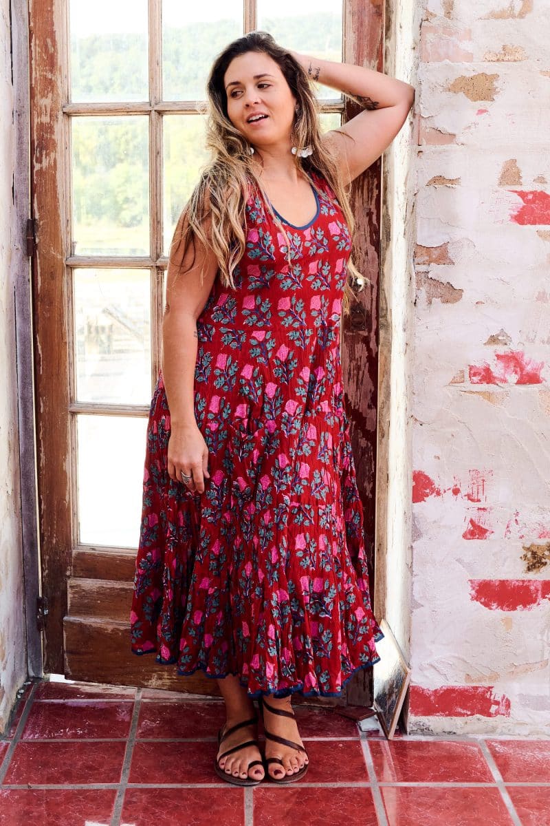 Womens, midi, Flamenco Dress, sleeveless, 100% Cotton, hand block print. Pink & Red - Ruby Veda