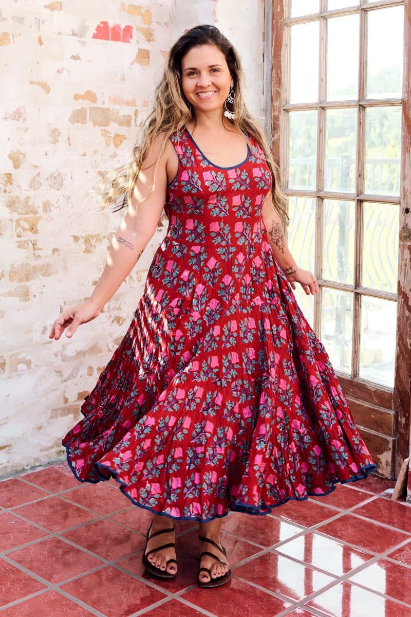 Womens, midi, Flamenco Dress, sleeveless, 100% Cotton, hand block print. Pink & Red - Ruby Veda