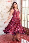 Womens, midi, Flamenco Dress, sleeveless, 100% Cotton, hand block print. Pink & Red - Ruby Veda