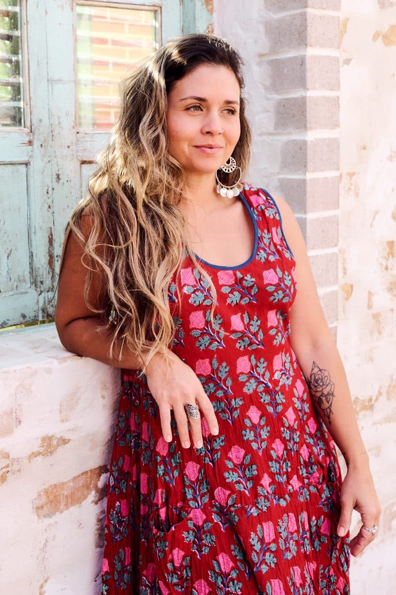 Womens, midi, Flamenco Dress, sleeveless, 100% Cotton, hand block print. Pink & Red - Ruby Veda