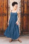 Womens, midi, maxi, Aveline Dress, spaghetti straps, spiral swing, 100% Cotton, hand block print. Natural Blue - Indigo Whisper