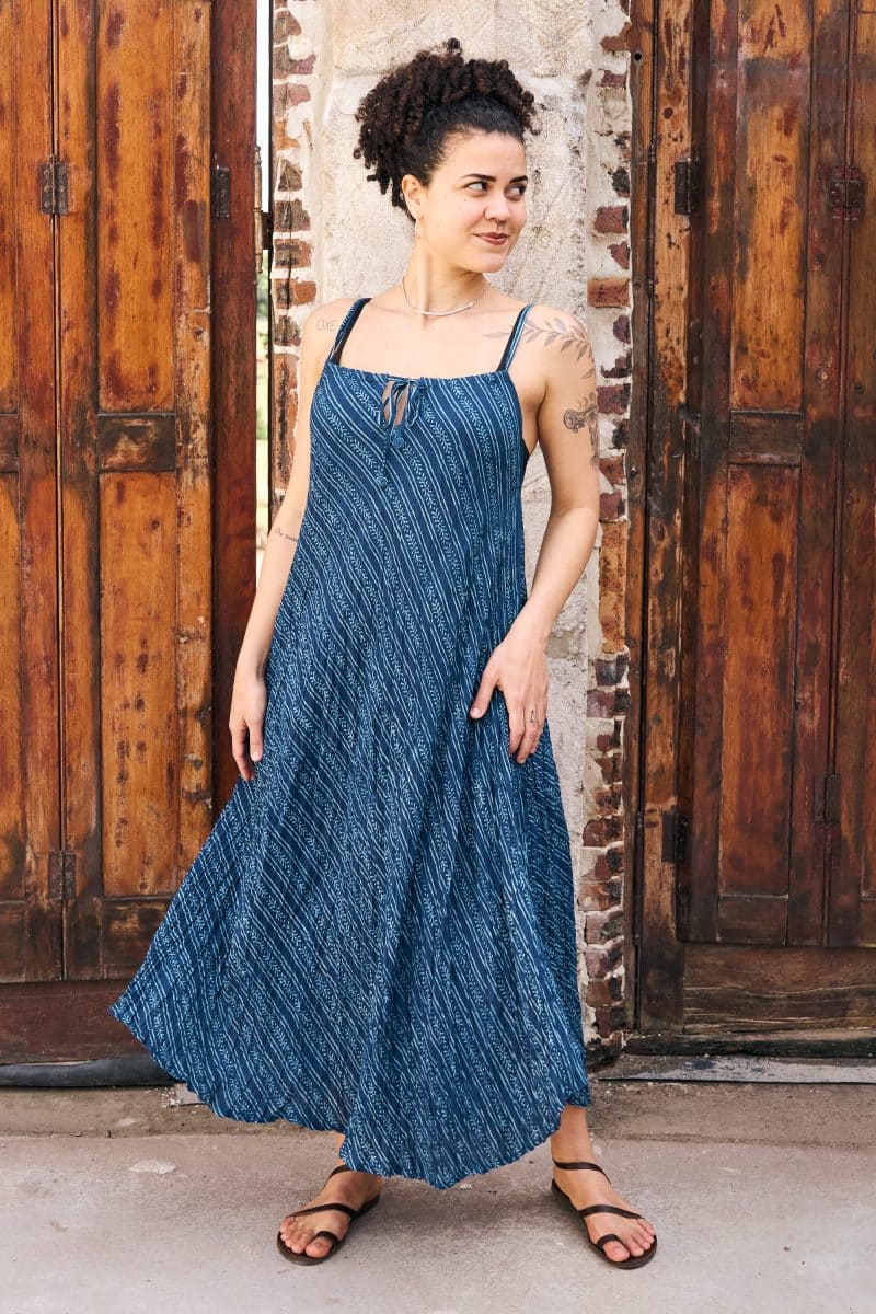 Womens, midi, maxi, Aveline Dress, spaghetti straps, spiral swing, 100% Cotton, hand block print. Natural Blue - Indigo Whisper
