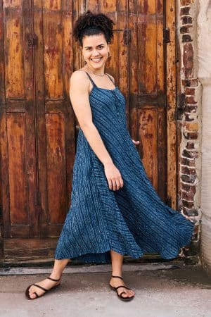 Womens, midi, maxi, Aveline Dress, spaghetti straps, spiral swing, 100% Cotton, hand block print. Natural Blue - Indigo Whisper