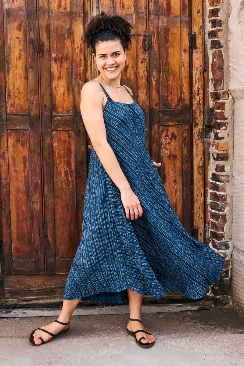 Womens, midi, maxi, Aveline Dress, spaghetti straps, spiral swing, 100% Cotton, hand block print. Natural Blue - Indigo Whisper