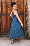 Womens, midi, maxi, Aveline Dress, spaghetti straps, spiral swing, 100% Cotton, hand block print. Natural Blue - Indigo Whisper
