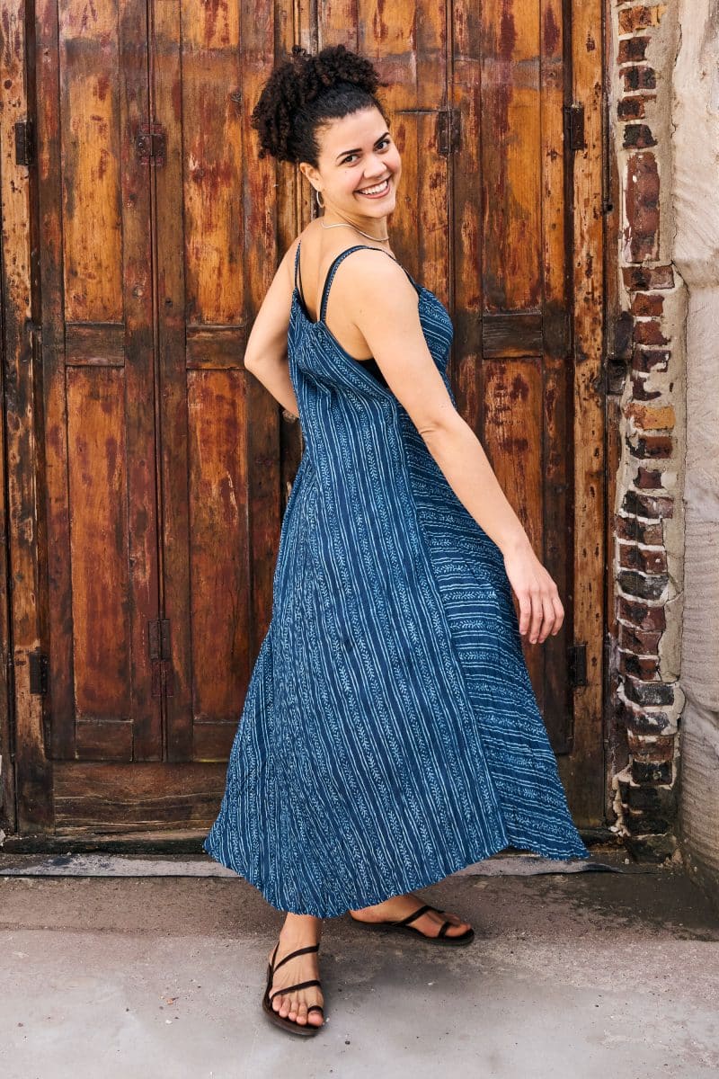 Womens, midi, maxi, Aveline Dress, spaghetti straps, spiral swing, 100% Cotton, hand block print. Natural Blue - Indigo Whisper