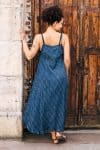 Womens, midi, maxi, Aveline Dress, spaghetti straps, spiral swing, 100% Cotton, hand block print. Natural Blue - Indigo Whisper