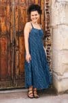 Womens, midi, maxi, Aveline Dress, spaghetti straps, spiral swing, 100% Cotton, hand block print. Natural Blue - Indigo Whisper