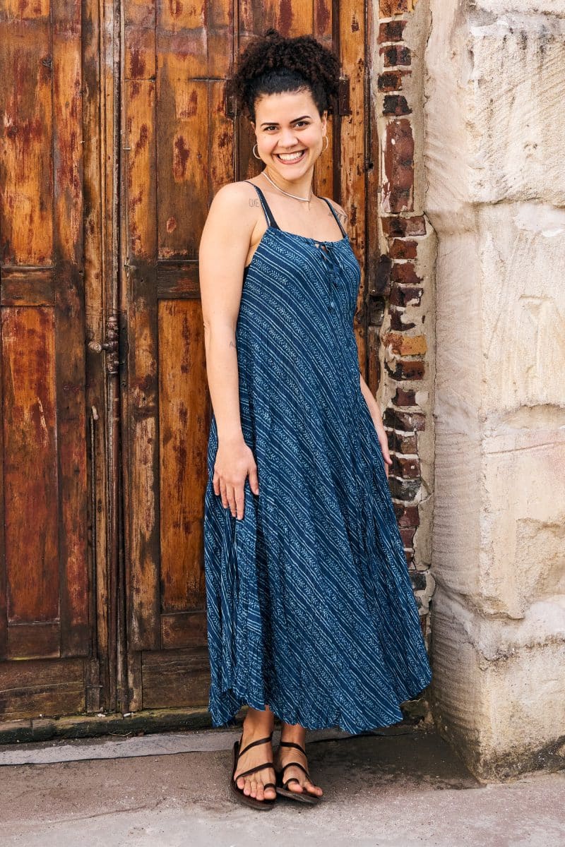 Womens, midi, maxi, Aveline Dress, spaghetti straps, spiral swing, 100% Cotton, hand block print. Natural Blue - Indigo Whisper