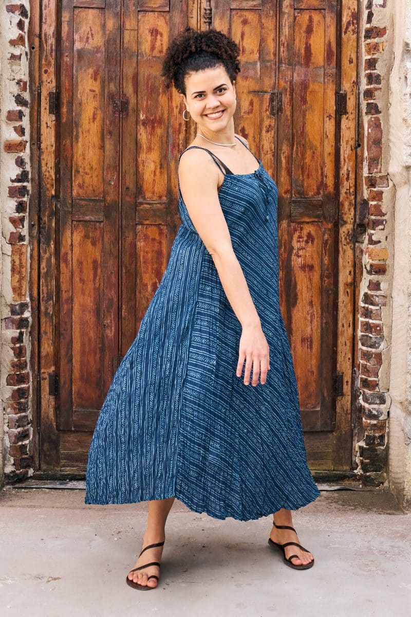 Womens, midi, maxi, Aveline Dress, spaghetti straps, spiral swing, 100% Cotton, hand block print. Natural Blue - Indigo Whisper