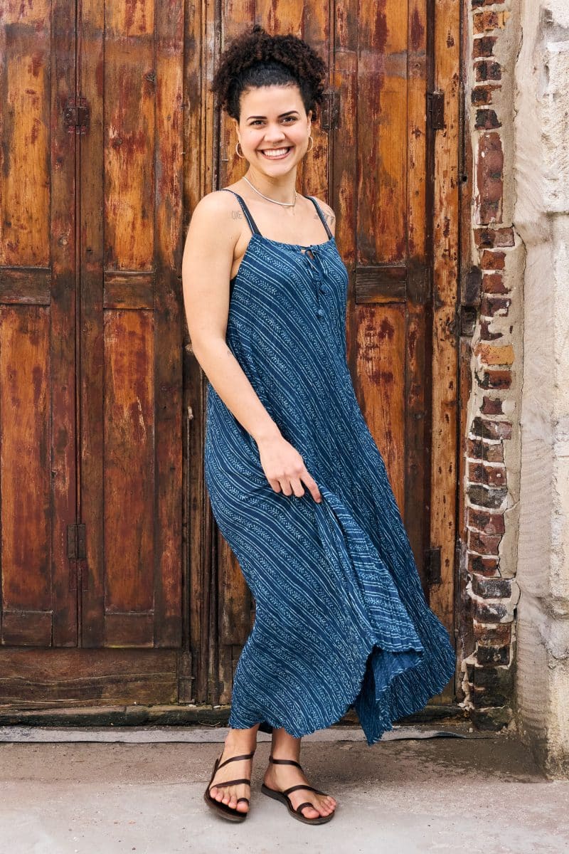 Womens, midi, maxi, Aveline Dress, spaghetti straps, spiral swing, 100% Cotton, hand block print. Natural Blue - Indigo Whisper