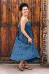 Womens, midi, maxi, Aveline Dress, spaghetti straps, spiral swing, 100% Cotton, hand block print. Natural Blue - Indigo Whisper