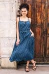 Womens, midi, maxi, Aveline Dress, spaghetti straps, spiral swing, 100% Cotton, hand block print. Natural Blue - Indigo Whisper
