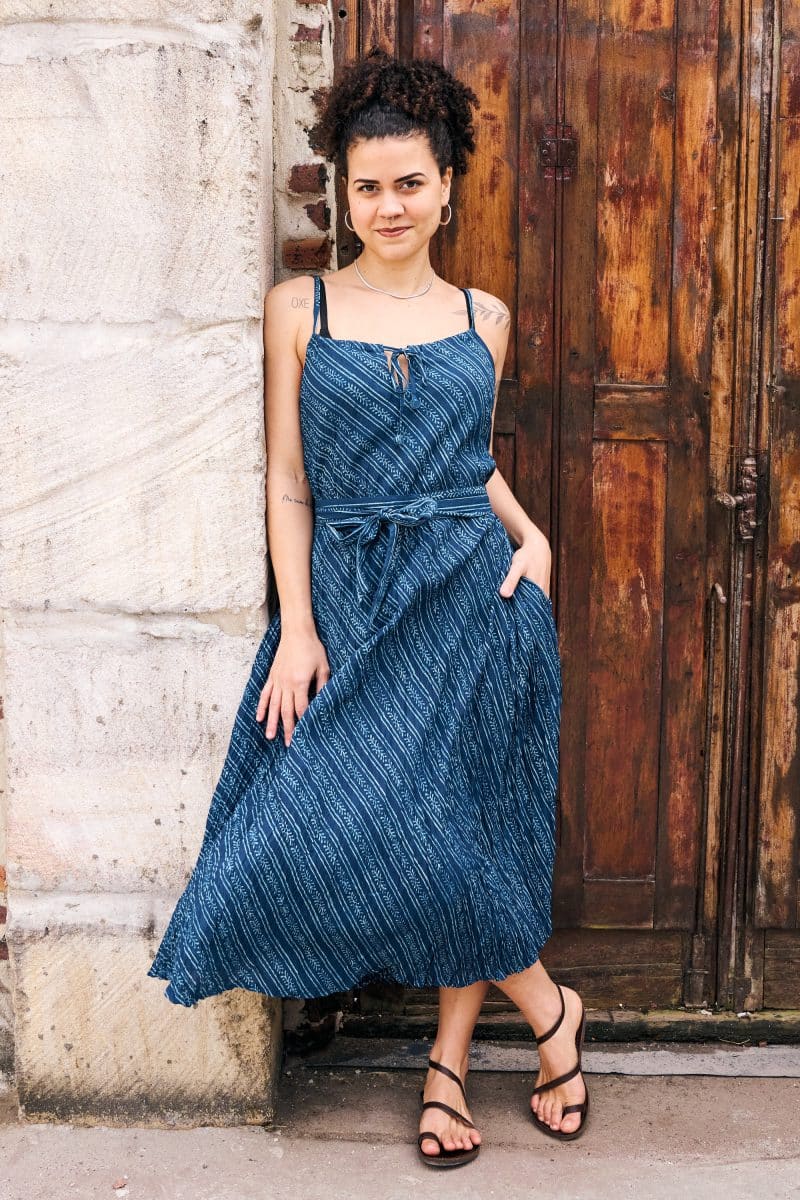 Womens, midi, maxi, Aveline Dress, spaghetti straps, spiral swing, 100% Cotton, hand block print. Natural Blue - Indigo Whisper