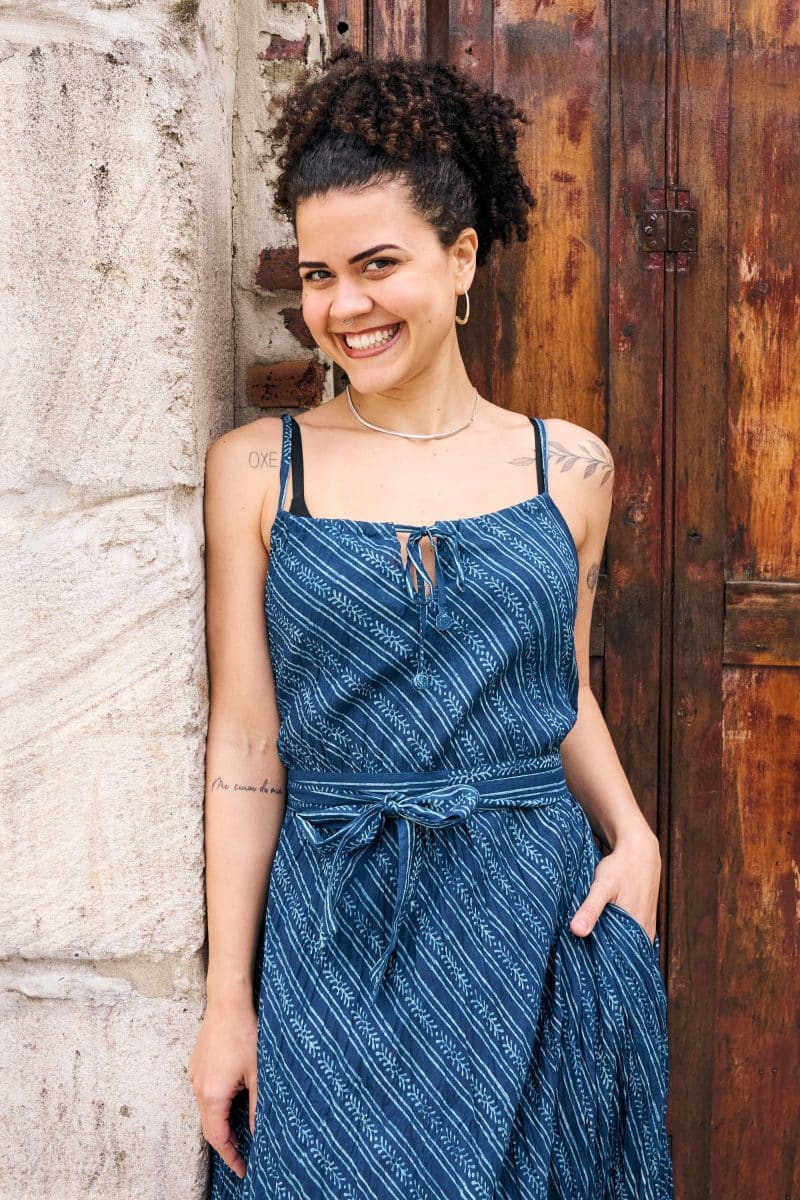 Womens, midi, maxi, Aveline Dress, spaghetti straps, spiral swing, 100% Cotton, hand block print. Natural Blue - Indigo Whisper